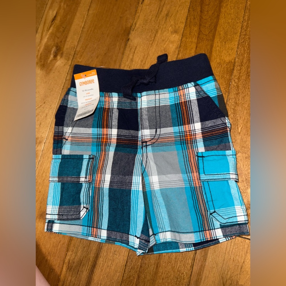 Gymboree Turquoise and Navy Plaid Cargo Shorts